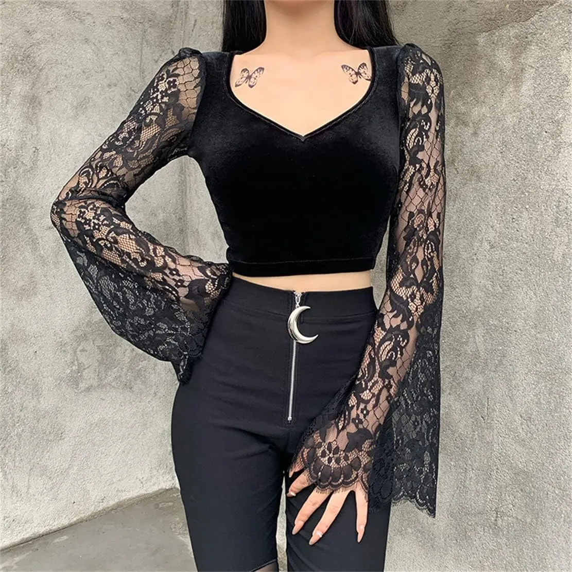 Women's Gothic Crop Tops Punk Shirts Steampunk Y2k Long Sleeve Witch Costume Blouse Alt Black Rave Top Emo Outfits