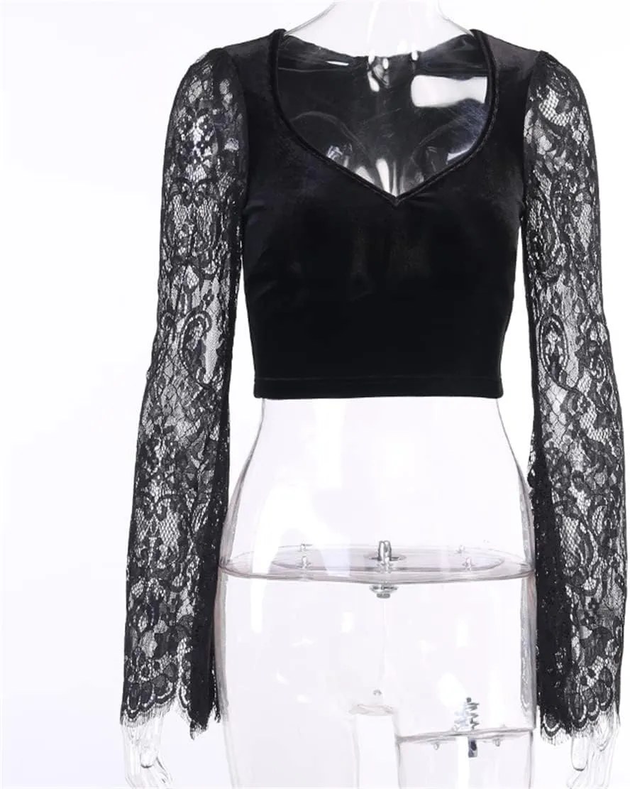 Women's Gothic Crop Tops Punk Shirts Steampunk Y2k Long Sleeve Witch Costume Blouse Alt Black Rave Top Emo Outfits