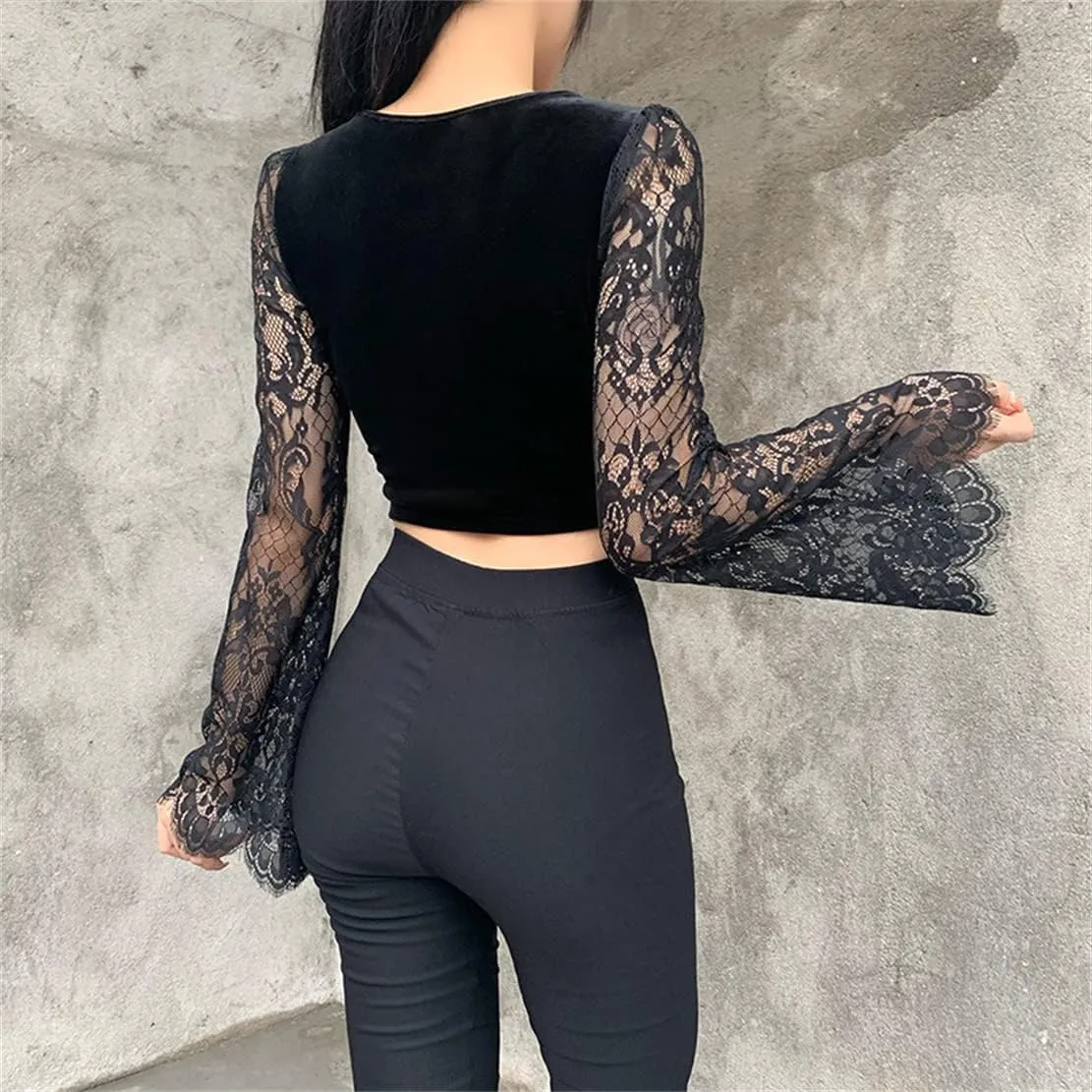 Women's Gothic Crop Tops Punk Shirts Steampunk Y2k Long Sleeve Witch Costume Blouse Alt Black Rave Top Emo Outfits