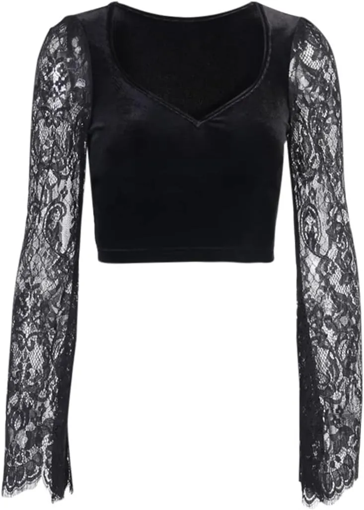 Women's Gothic Crop Tops Punk Shirts Steampunk Y2k Long Sleeve Witch Costume Blouse Alt Black Rave Top Emo Outfits