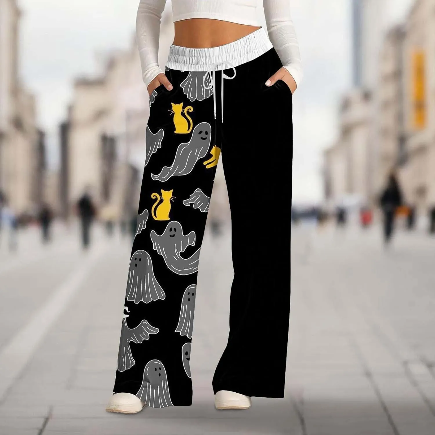 Womens Halloween Sweatpants Lacing Solid Color Waist Waist Wide Leg Casual Pants Womens Cargo Sweatpants Fleece