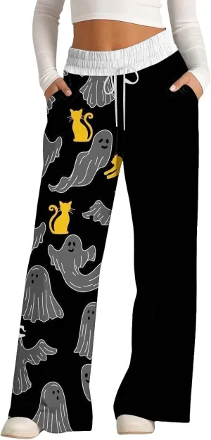 Womens Halloween Sweatpants Lacing Solid Color Waist Waist Wide Leg Casual Pants Womens Cargo Sweatpants Fleece