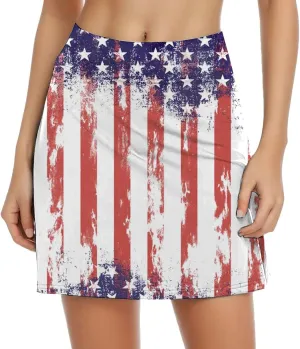 Women's Independence Day Printed Elastic Waist Pocketed Double Layer Gym Skirt Embroidery Dresses