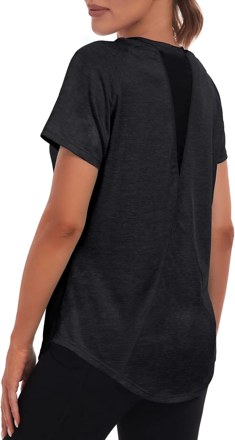 Women's Long Workout Tops,Short Sleeve Dry-Fit Mesh Open Back Loose Fit Gym Athletic Running Shirts Exercise Tee