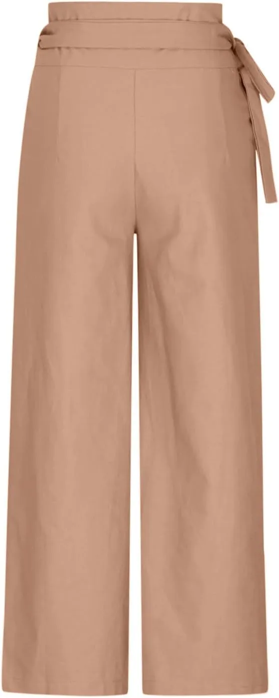 Womens Lounge Long Pants Trendy Slanted Lace-Up Straight Pants High Waist Dressy Slacks Cotton Linen Wide Leg Trouser
