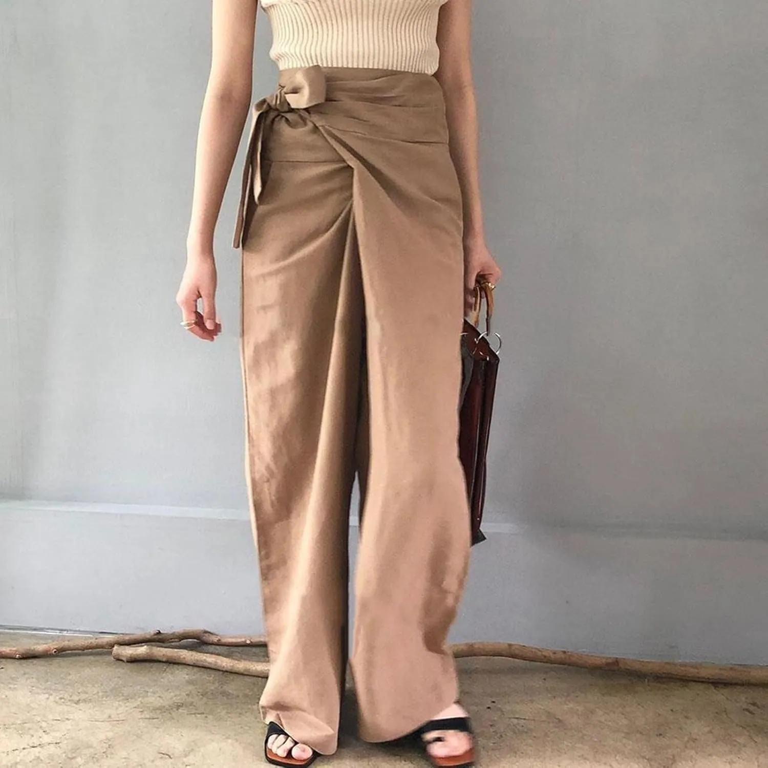 Womens Lounge Long Pants Trendy Slanted Lace-Up Straight Pants High Waist Dressy Slacks Cotton Linen Wide Leg Trouser