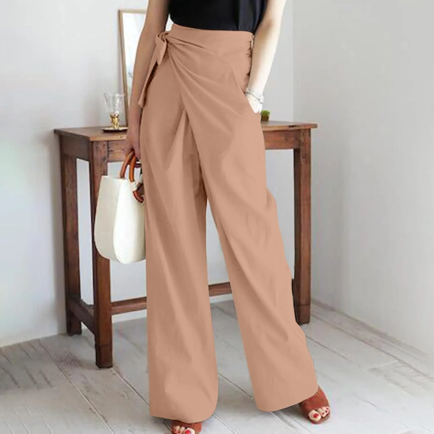 Womens Lounge Long Pants Trendy Slanted Lace-Up Straight Pants High Waist Dressy Slacks Cotton Linen Wide Leg Trouser