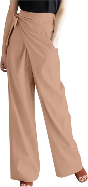 Womens Lounge Long Pants Trendy Slanted Lace-Up Straight Pants High Waist Dressy Slacks Cotton Linen Wide Leg Trouser