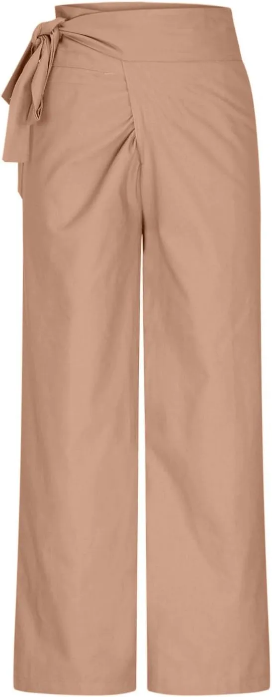 Womens Lounge Long Pants Trendy Slanted Lace-Up Straight Pants High Waist Dressy Slacks Cotton Linen Wide Leg Trouser