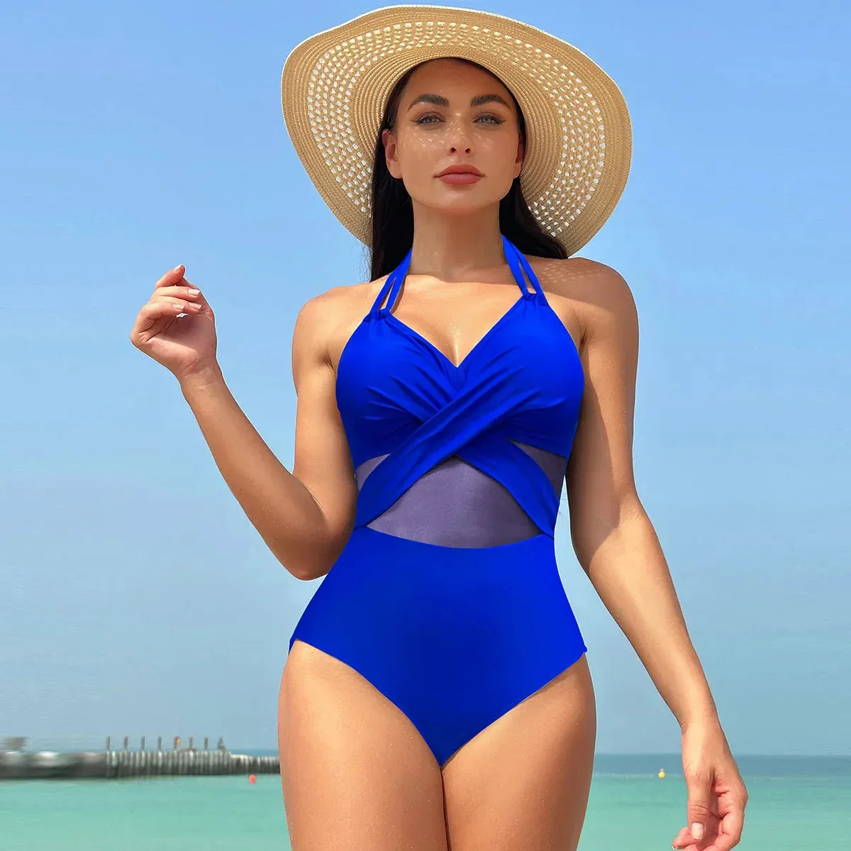Women's Mesh-Accented Halter Push-Up One-Piece Swimwear