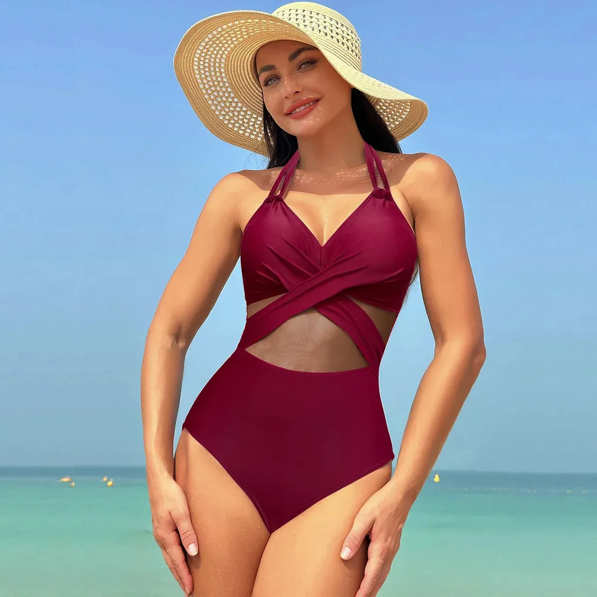 Women's Mesh-Accented Halter Push-Up One-Piece Swimwear