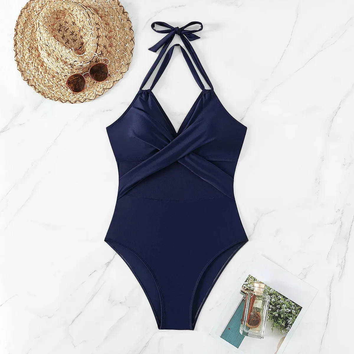 Women's Mesh-Accented Halter Push-Up One-Piece Swimwear