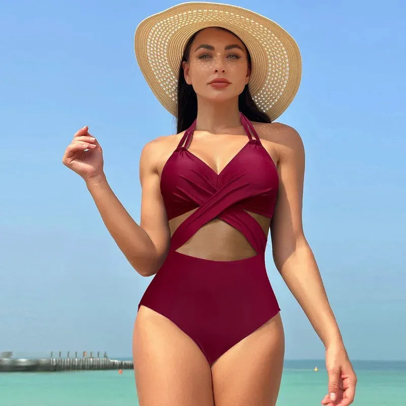 Women's Mesh-Accented Halter Push-Up One-Piece Swimwear