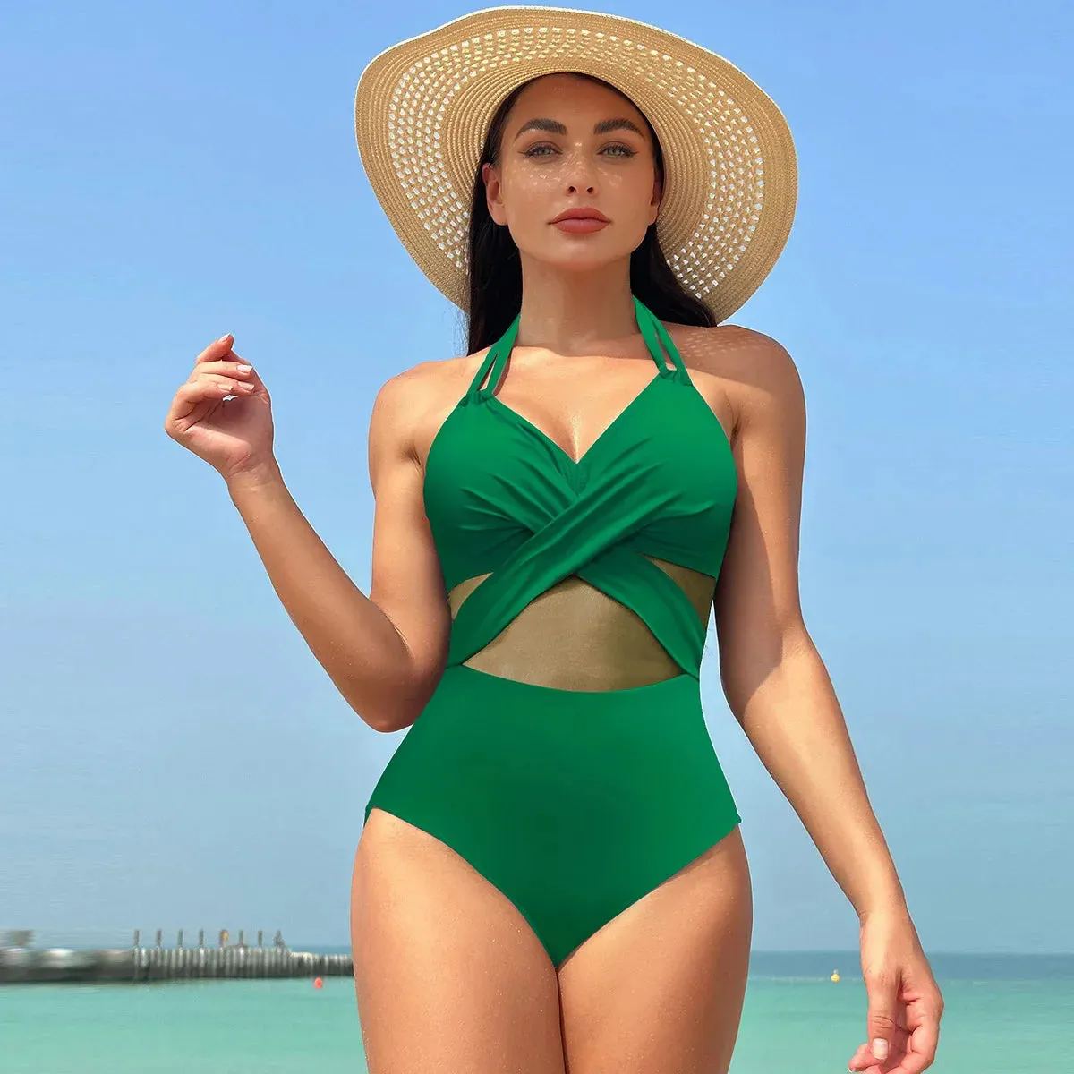Women's Mesh-Accented Halter Push-Up One-Piece Swimwear