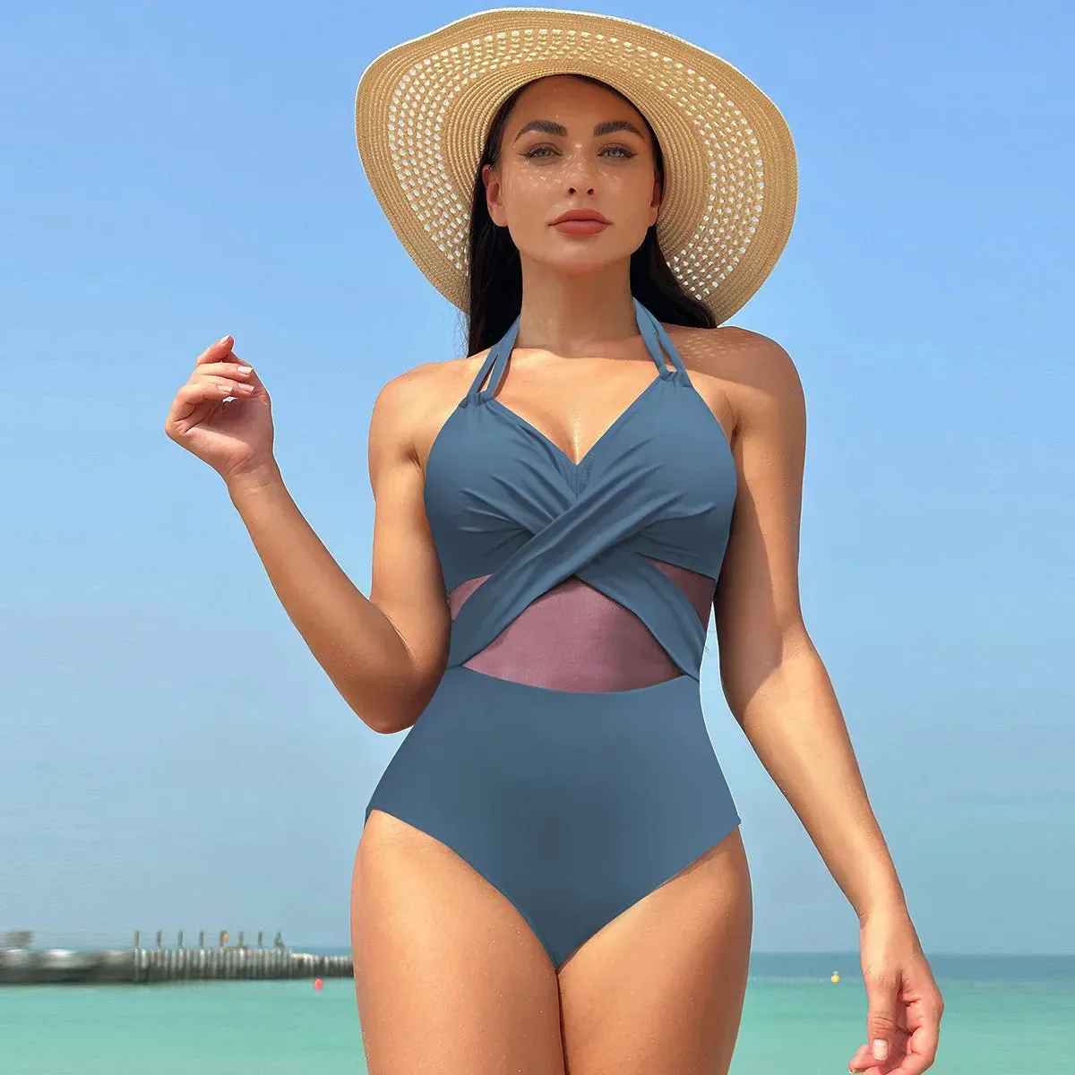 Women's Mesh-Accented Halter Push-Up One-Piece Swimwear