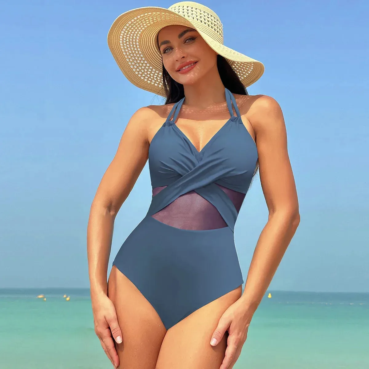 Women's Mesh-Accented Halter Push-Up One-Piece Swimwear