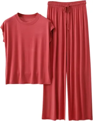 Women's Modal Summer Lounge Set 2-Piece Loose Short Sleeve Top & High-Waisted Wide-Leg Pants for Casual Sleepwear