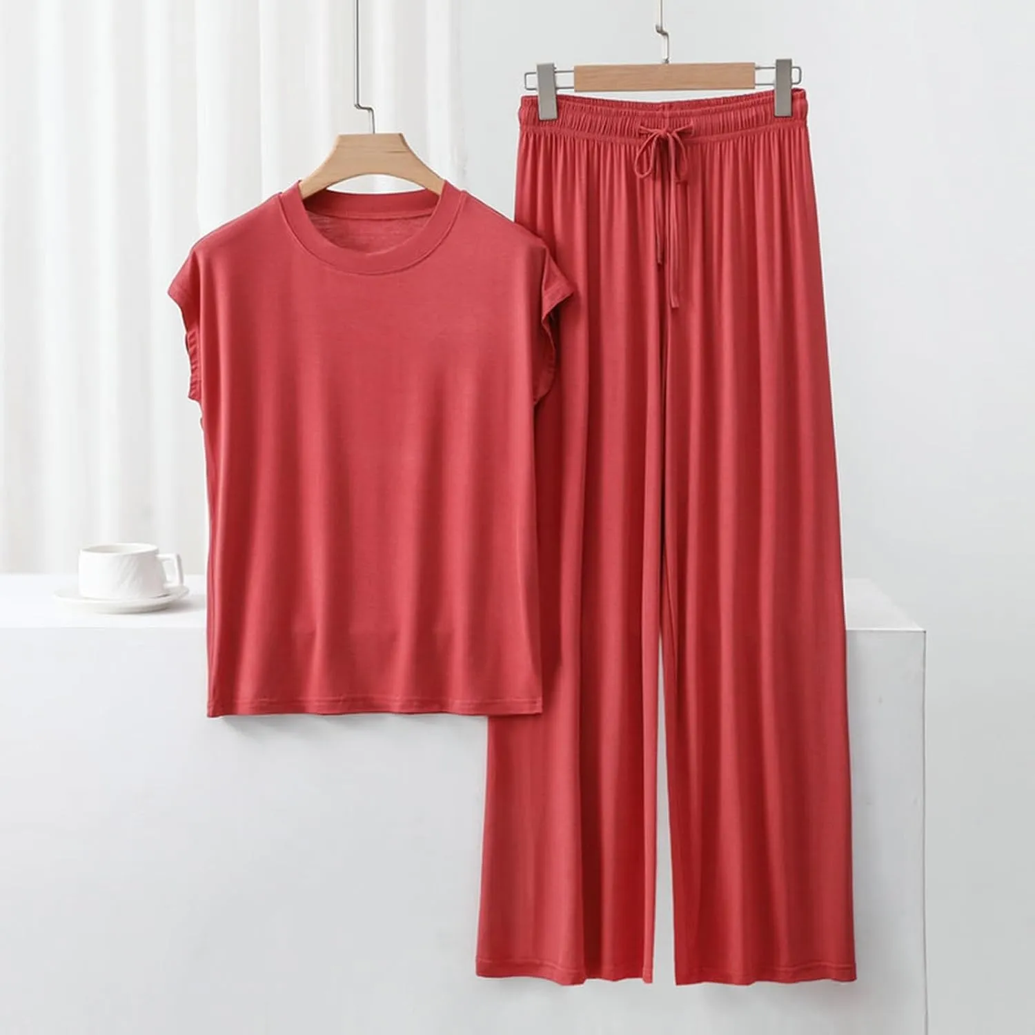 Women's Modal Summer Lounge Set 2-Piece Loose Short Sleeve Top & High-Waisted Wide-Leg Pants for Casual Sleepwear