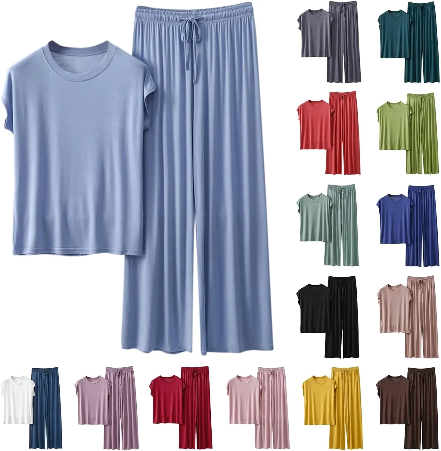 Women's Modal Summer Lounge Set 2-Piece Loose Short Sleeve Top & High-Waisted Wide-Leg Pants for Casual Sleepwear