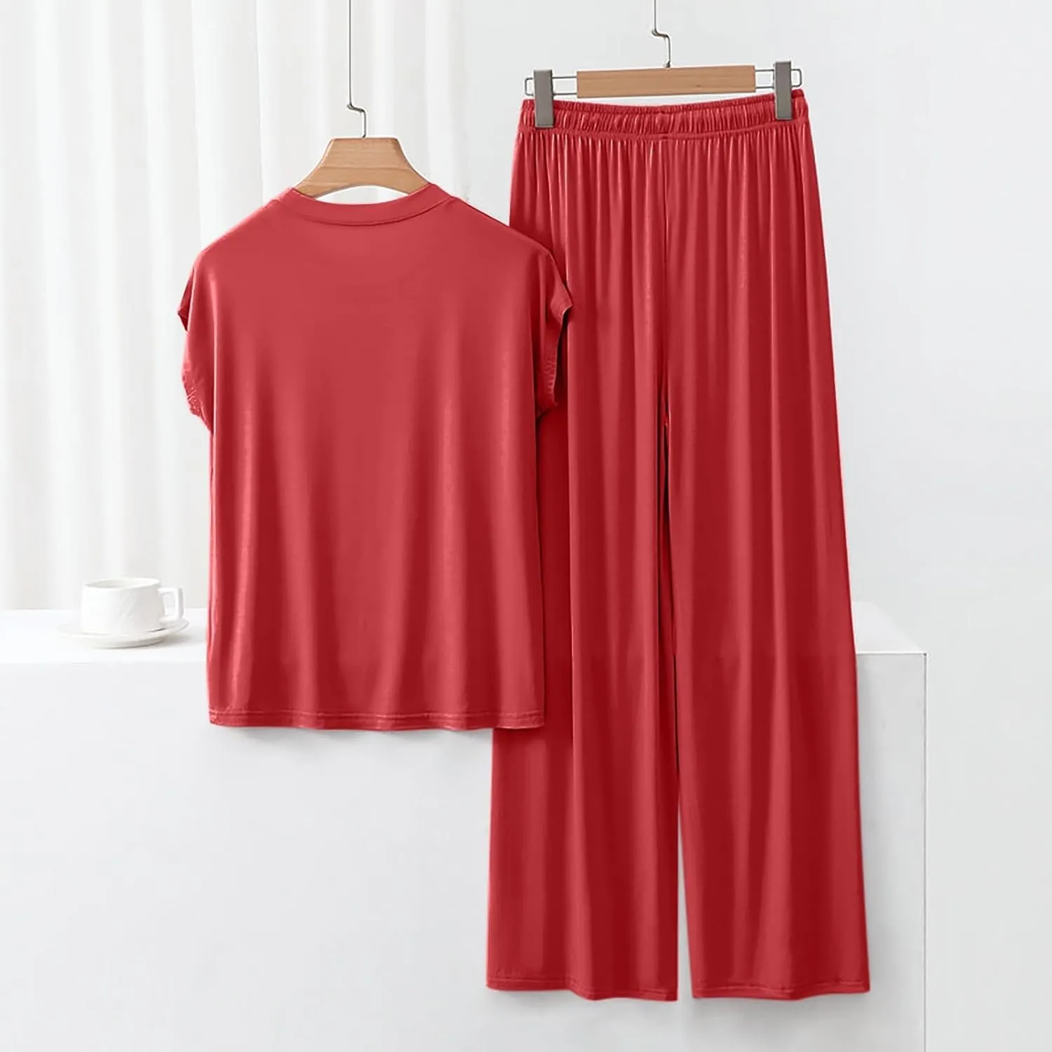 Women's Modal Summer Lounge Set 2-Piece Loose Short Sleeve Top & High-Waisted Wide-Leg Pants for Casual Sleepwear