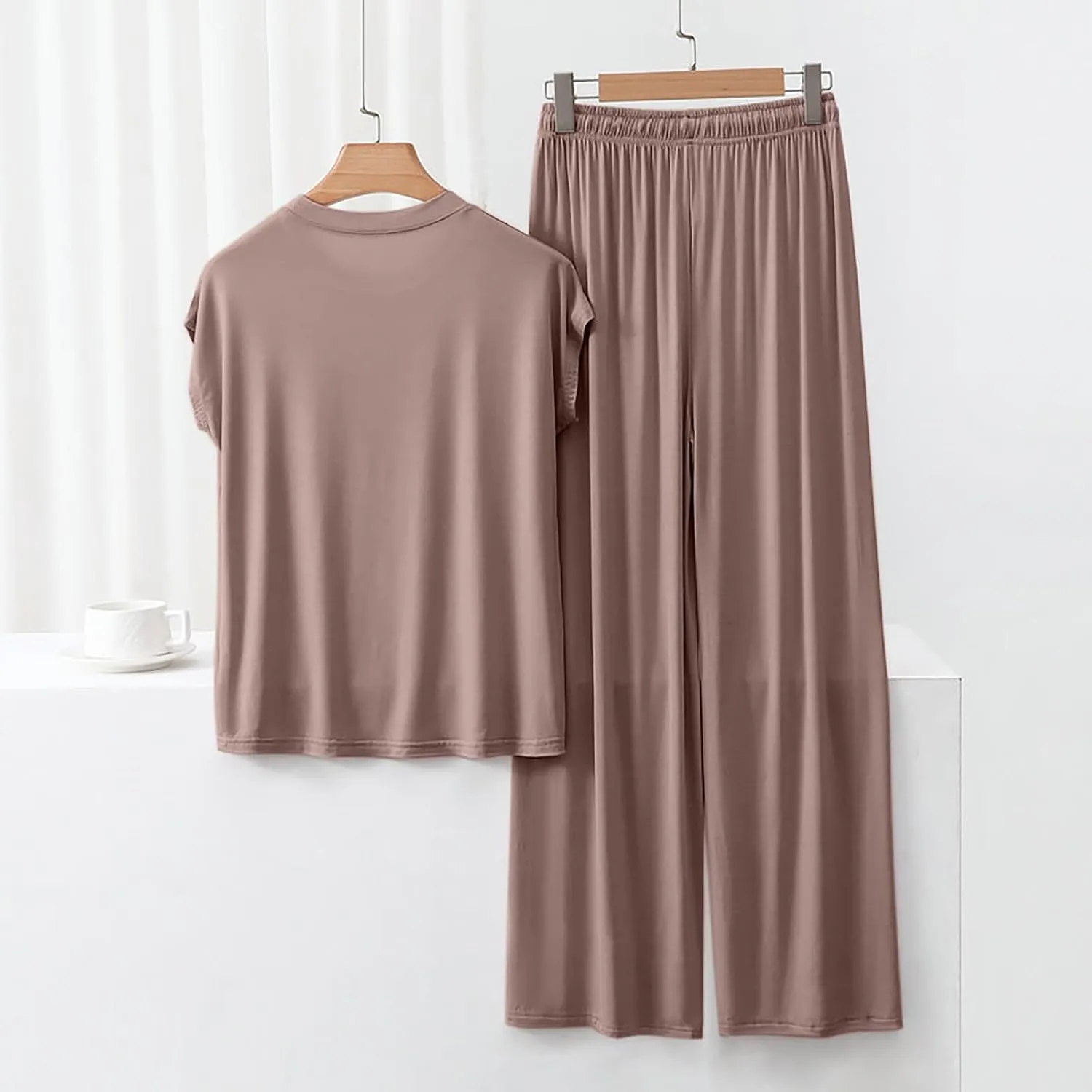 Women's Modal Summer Lounge Set 2-Piece Loose Short Sleeve Top & High-Waisted Wide-Leg Pants for Casual Sleepwear