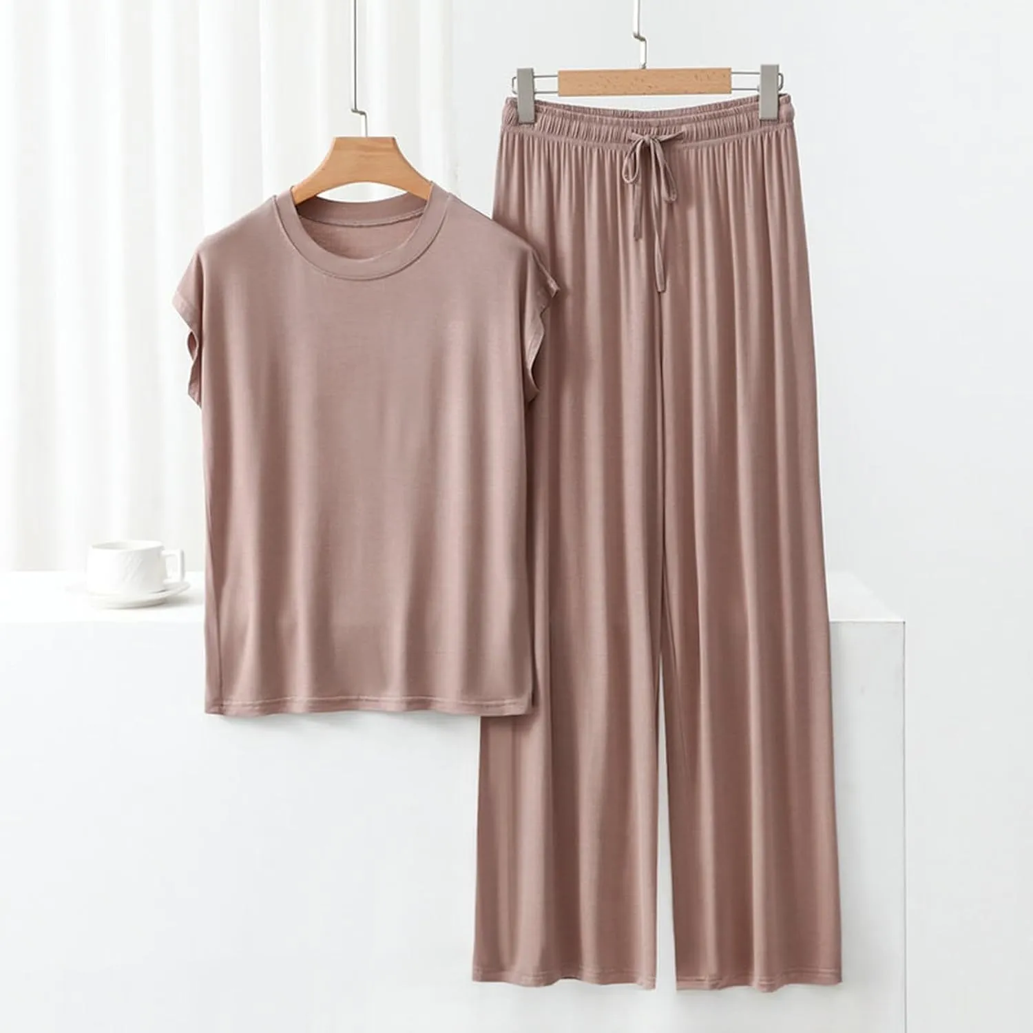 Women's Modal Summer Lounge Set 2-Piece Loose Short Sleeve Top & High-Waisted Wide-Leg Pants for Casual Sleepwear