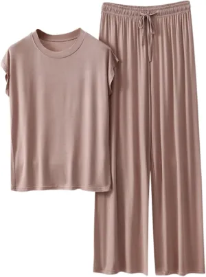 Women's Modal Summer Lounge Set 2-Piece Loose Short Sleeve Top & High-Waisted Wide-Leg Pants for Casual Sleepwear
