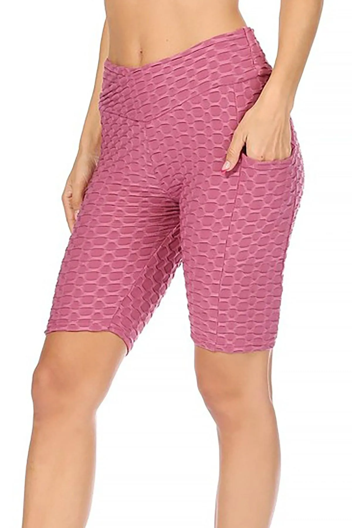 Women's Pockets Elastic Waistband Mesh Athletic Running Yoga Gym Biker Shorts