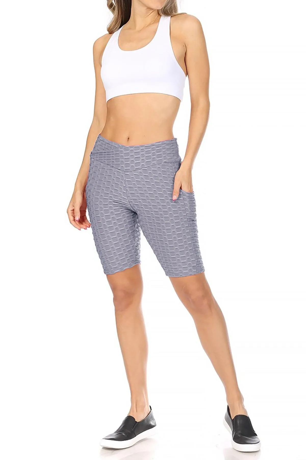 Women's Pockets Elastic Waistband Mesh Athletic Running Yoga Gym Biker Shorts
