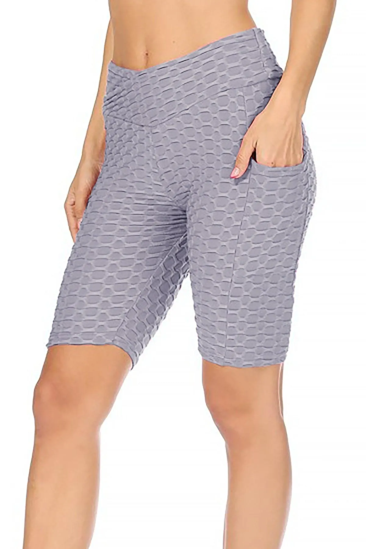 Women's Pockets Elastic Waistband Mesh Athletic Running Yoga Gym Biker Shorts