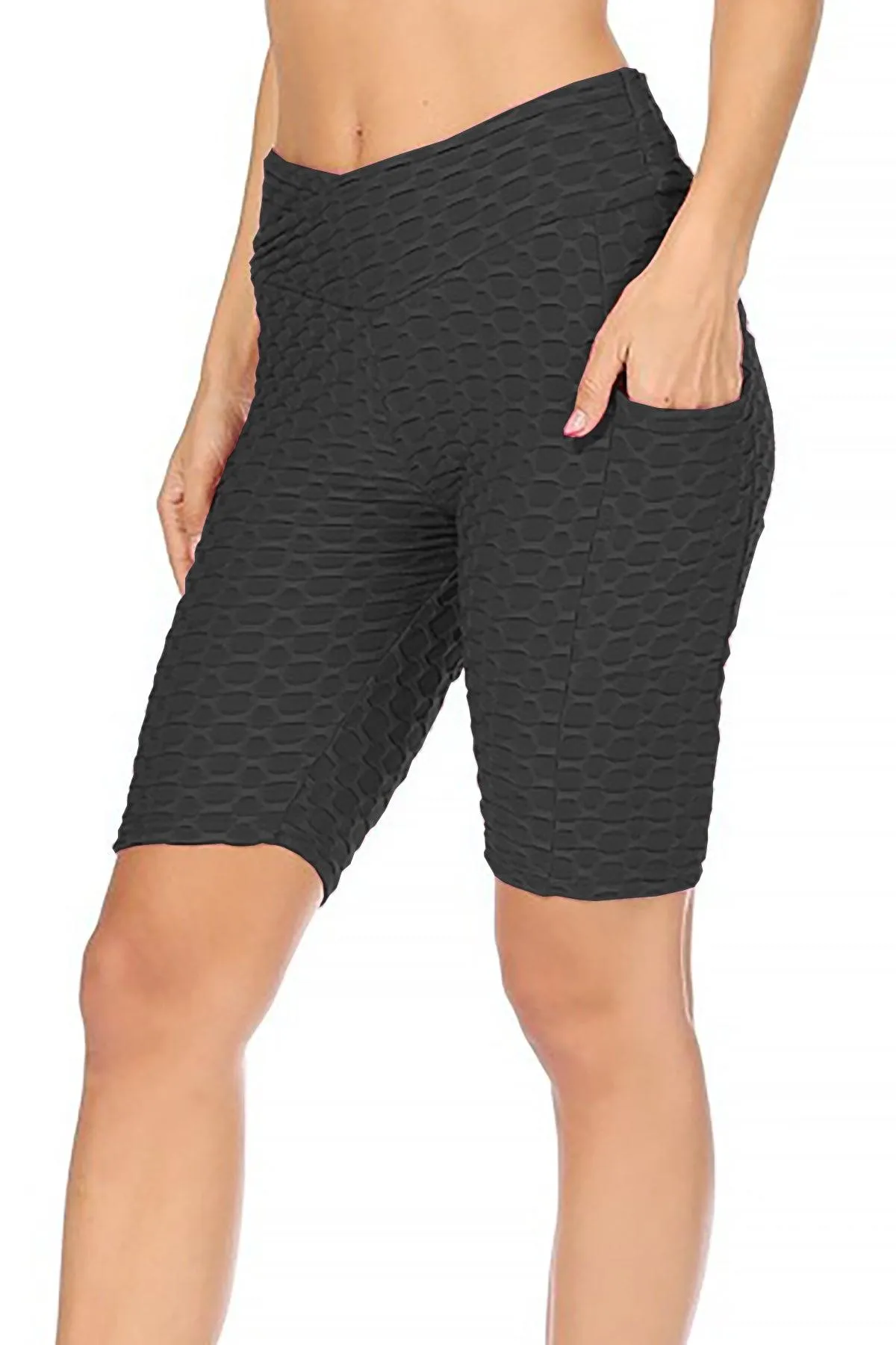 Women's Pockets Elastic Waistband Mesh Athletic Running Yoga Gym Biker Shorts