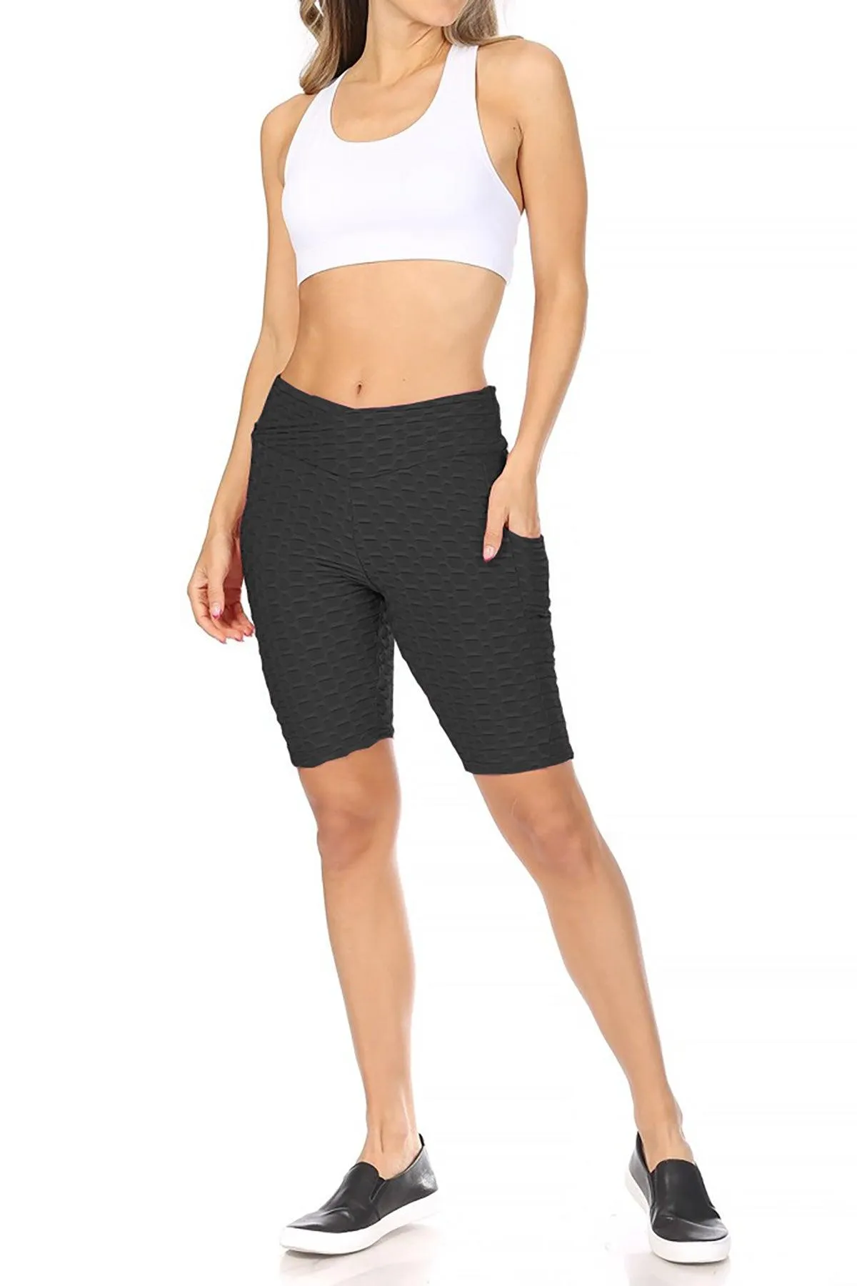 Women's Pockets Elastic Waistband Mesh Athletic Running Yoga Gym Biker Shorts