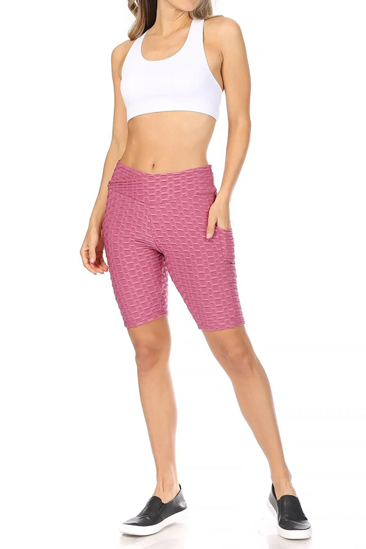 Women's Pockets Elastic Waistband Mesh Athletic Running Yoga Gym Biker Shorts