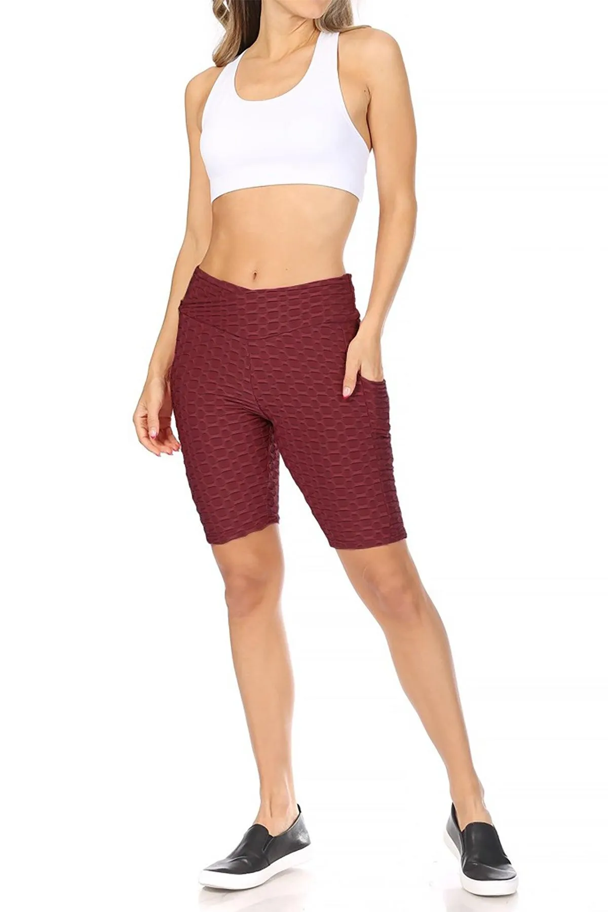 Women's Pockets Elastic Waistband Mesh Athletic Running Yoga Gym Biker Shorts
