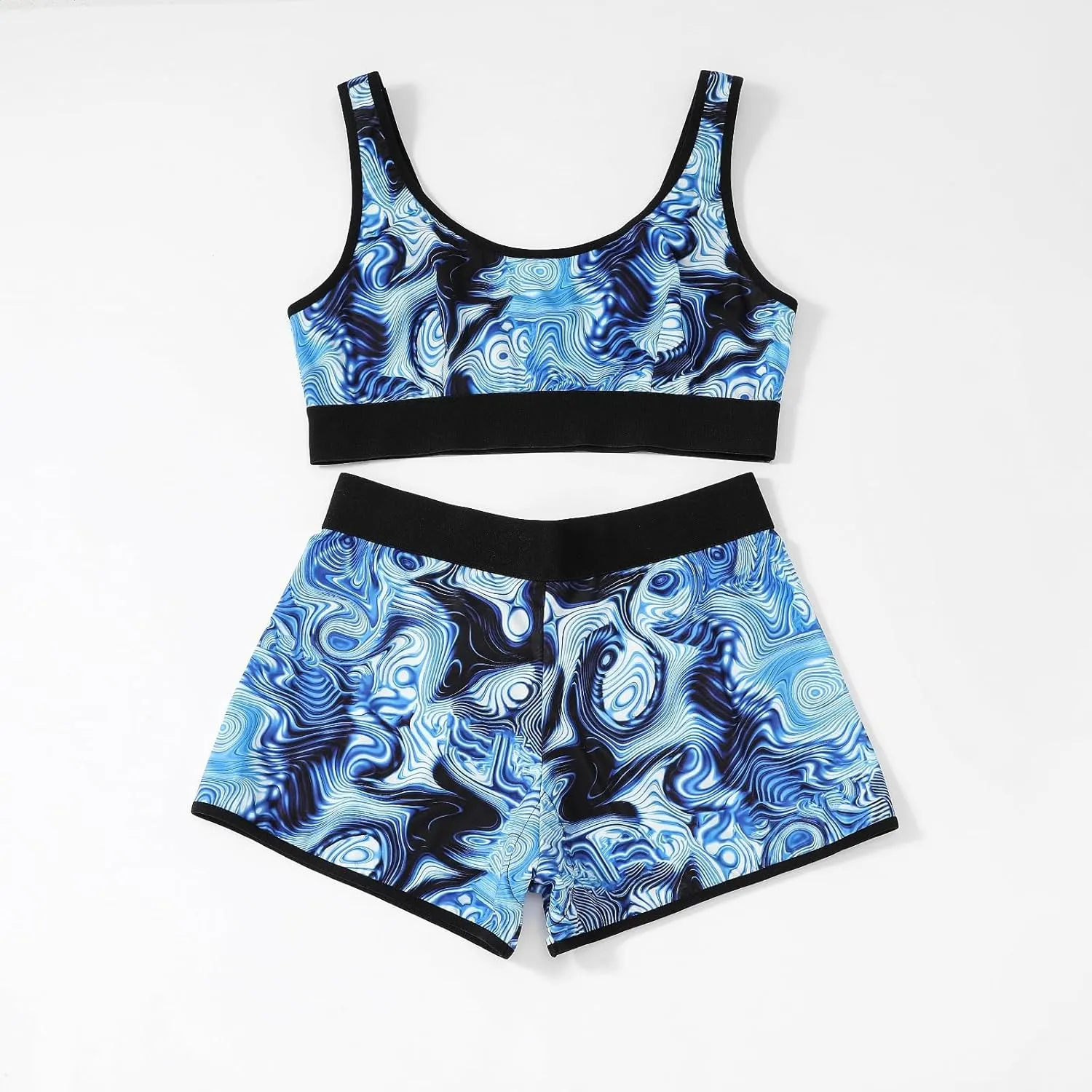 Women's Printed Sports Bra and Shorts Set, Blue and Black