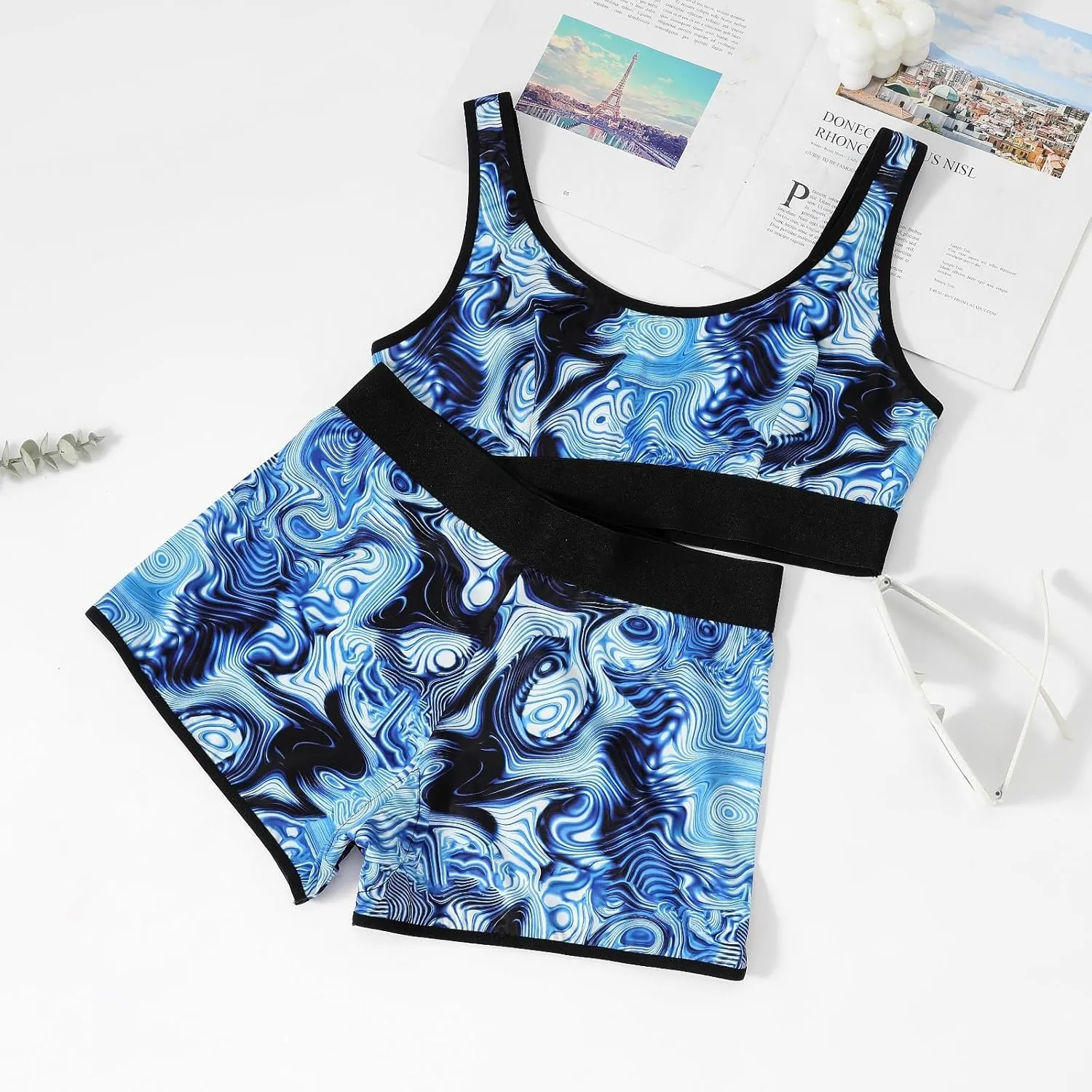 Women's Printed Sports Bra and Shorts Set, Blue and Black