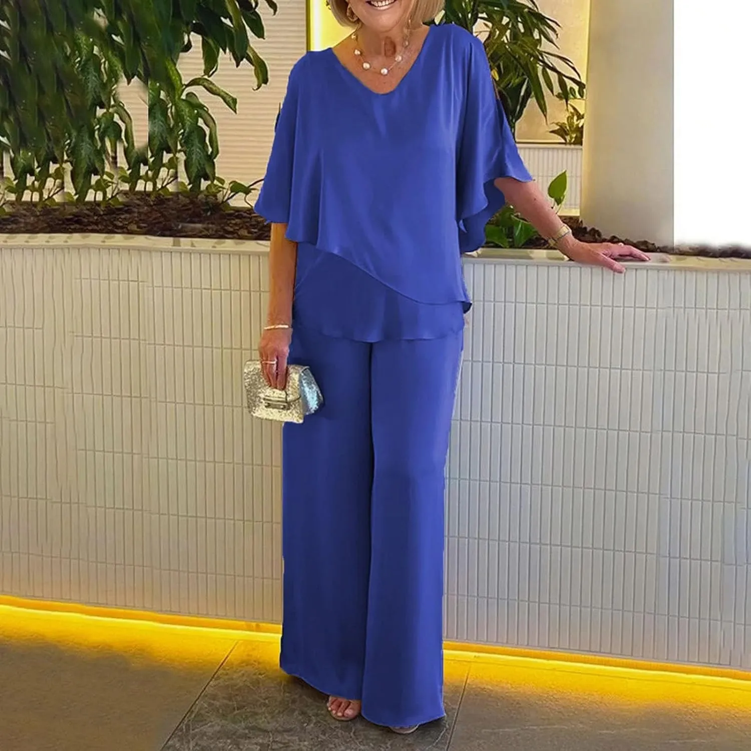 Womens Satin 2 Piece Outfits Dressy Casual Loose Fit Short Sleeve Pants Flowy Tops Pants Sets Silk Two Piece Sets