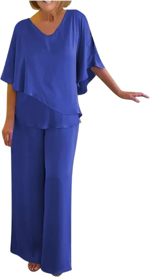 Womens Satin 2 Piece Outfits Dressy Casual Loose Fit Short Sleeve Pants Flowy Tops Pants Sets Silk Two Piece Sets