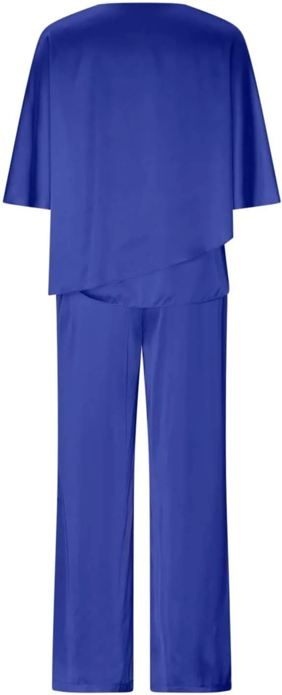 Womens Satin 2 Piece Outfits Dressy Casual Loose Fit Short Sleeve Pants Flowy Tops Pants Sets Silk Two Piece Sets