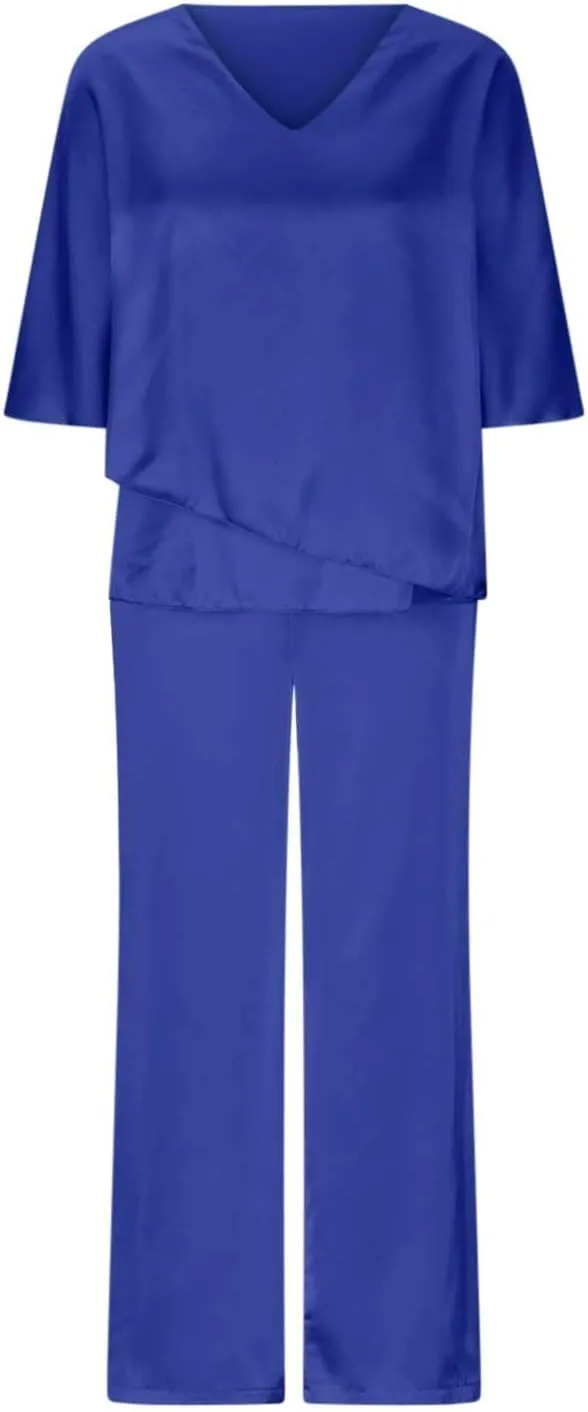 Womens Satin 2 Piece Outfits Dressy Casual Loose Fit Short Sleeve Pants Flowy Tops Pants Sets Silk Two Piece Sets