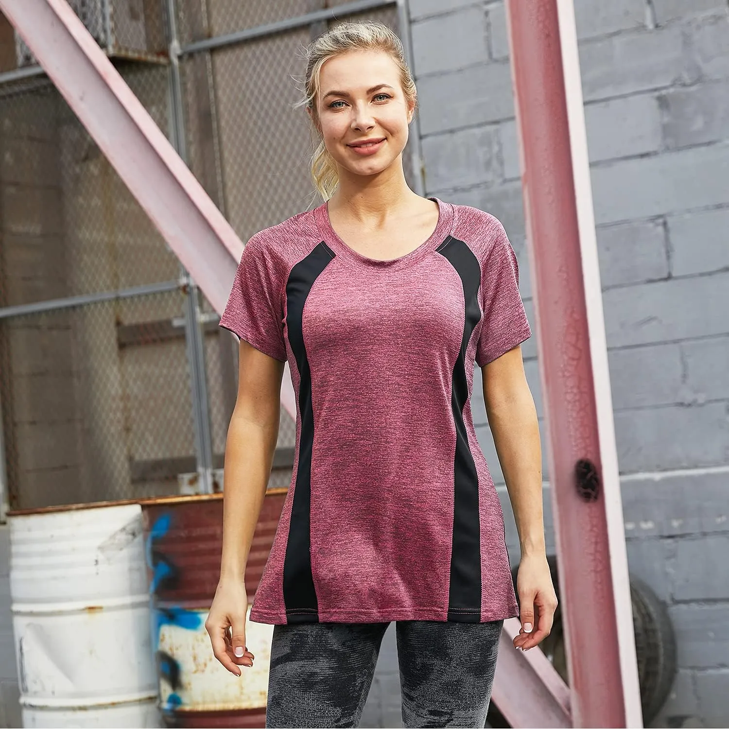 Womens Scoop Neck Short Sleeve Yoga Top Loose Fit Sport Workout T Shirt