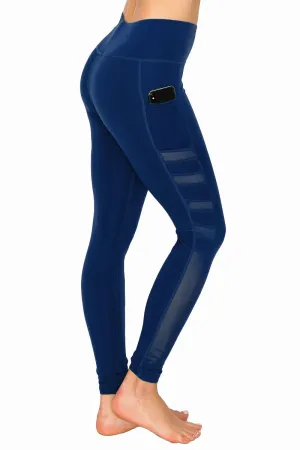 Women’s Solid High Waist Leggings with Mesh Panel and Side Pockets