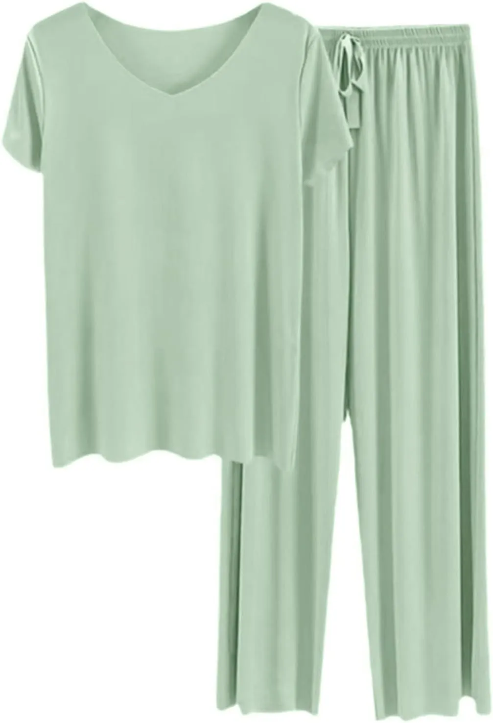 Women's Summer Lounge Set Petite-Length 2-Piece Soft V-Neck T-Shirt & Thin Cozy Pants - Casual Loose Loungewear Pajama