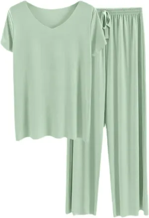 Women's Summer Lounge Set Petite-Length 2-Piece Soft V-Neck T-Shirt & Thin Cozy Pants - Casual Loose Loungewear Pajama