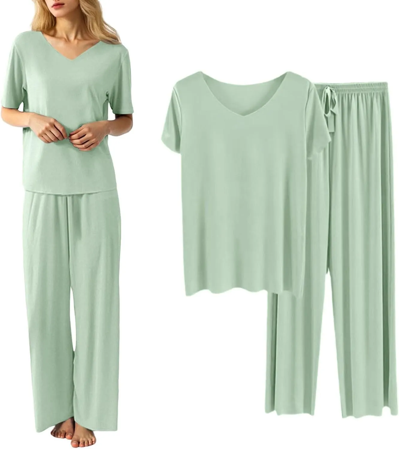 Women's Summer Lounge Set Petite-Length 2-Piece Soft V-Neck T-Shirt & Thin Cozy Pants - Casual Loose Loungewear Pajama