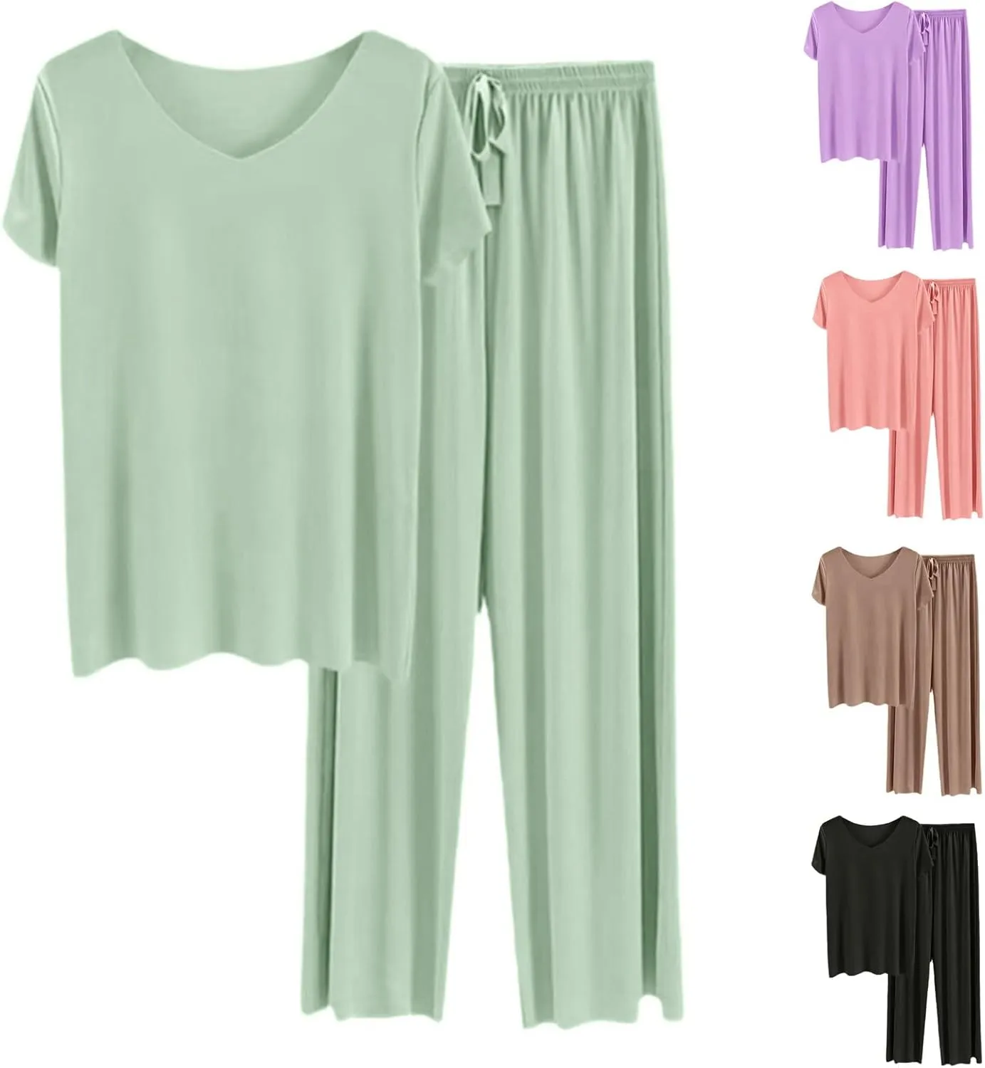 Women's Summer Lounge Set Petite-Length 2-Piece Soft V-Neck T-Shirt & Thin Cozy Pants - Casual Loose Loungewear Pajama