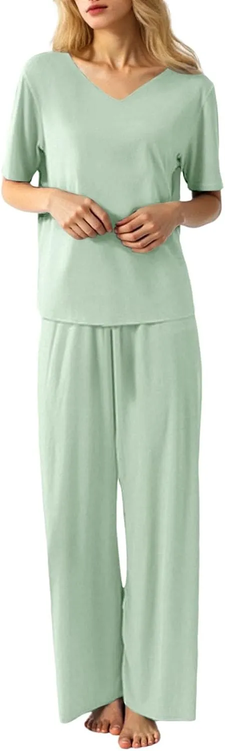 Women's Summer Lounge Set Petite-Length 2-Piece Soft V-Neck T-Shirt & Thin Cozy Pants - Casual Loose Loungewear Pajama
