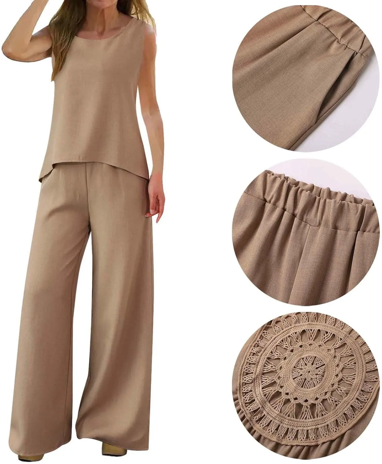 Women's Summer Two Piece Outfits Crew Neck Sleeveless Vest and Elastic Waist Pants Suit Cotton Linen Matching Sets