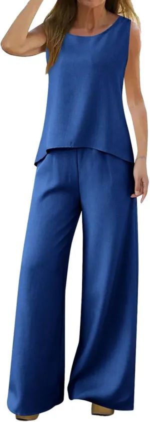 Women's Summer Two Piece Outfits Crew Neck Sleeveless Vest and Elastic Waist Pants Suit Cotton Linen Matching Sets