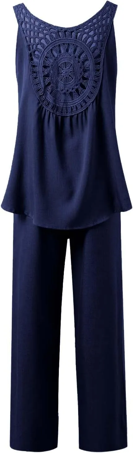 Women's Summer Two Piece Outfits Crew Neck Sleeveless Vest and Elastic Waist Pants Suit Cotton Linen Matching Sets